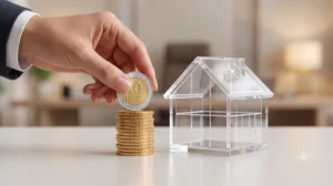צילום תקריב פרימיום של יד המניחה מטבע של 10 שקלים חדשים ישראלי על ערימת מטבעות דומה, לצד דגם בית מודרני שקוף ומודל במשרד פיננסי.