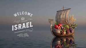 ספינה סמלית עם מפרש מגן דוד, מנורה ופירות שבעת המינים שטה במים שקטים לצד הכיתוב באנגלית ברוכים הבאים לישראל, כמטאפורה לעלייה.
