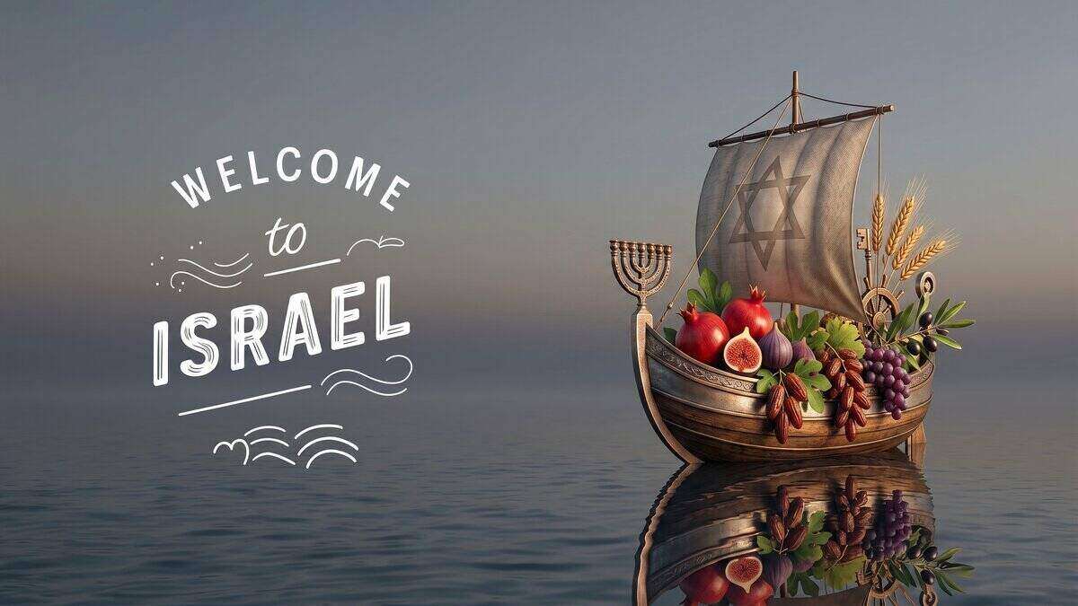 ספינה סמלית עם מפרש מגן דוד, מנורה ופירות שבעת המינים שטה במים שקטים לצד הכיתוב באנגלית ברוכים הבאים לישראל, כמטאפורה לעלייה.