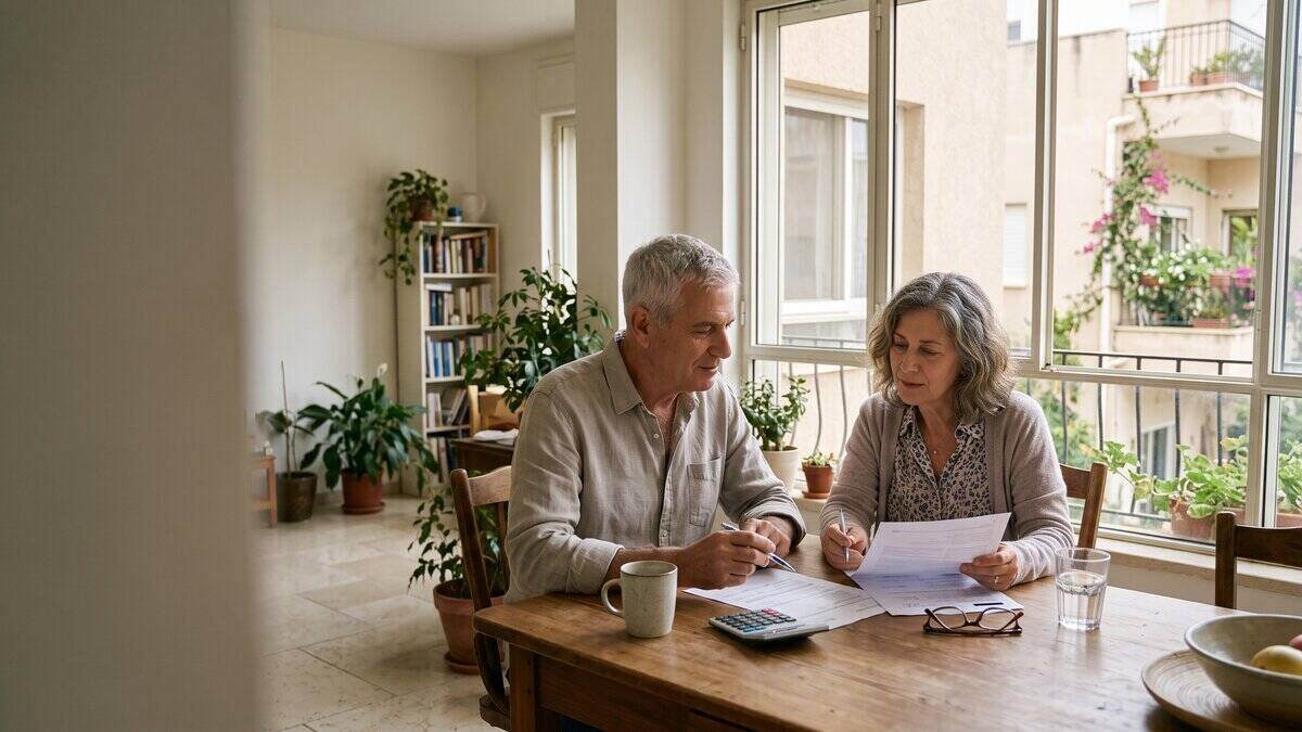 זוג מבוגרים יושב ליד שולחן עץ בדירה מוארת ומעיין במסמכי הלוואה מודפסים לצד מחשבון שולחני.
